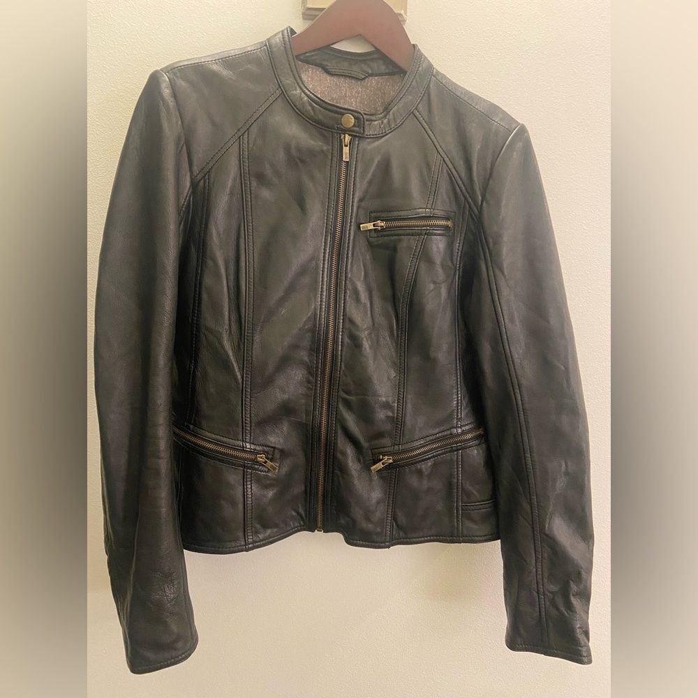 Black Rivet Moto Leather Jacket with Gold Details XL